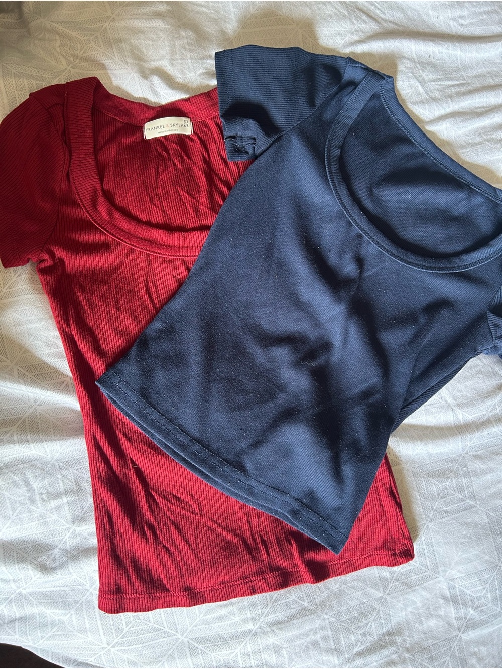 Set of 2 Scoop Neck Ribbed Tees - Navy & Deep Red
